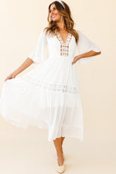 Feeling Groovy Bell Sleeve Crochet Trim Maxi Dress White