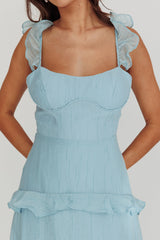 Moonlit Moment Ruffle Trim Lace-Up Back Maxi Dress Blue