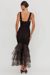 Nadia Tulle Hem Ruched Maxi Dress Black
