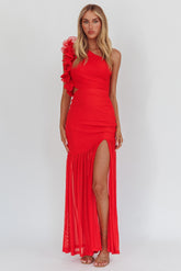 Deanna One-Shoulder Sheer Hem Maxi Dress Red
