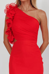 Deanna One-Shoulder Sheer Hem Maxi Dress Red