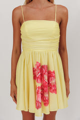 Festivity Flared Bow Floral Mini Dress Yellow