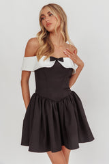 Grace Kelly Contrast Off-Shoulder Mini Dress Black