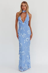 Cipriana Backless Halter Maxi Dress Embellished Blue