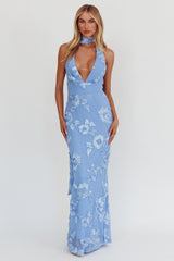 Cipriana Backless Halter Maxi Dress Embellished Blue