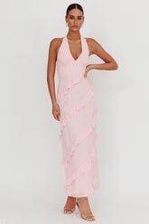 Flirt Frill Trim Halter Maxi Dress Blush