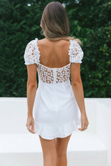 Field Dreams Puff Sleeve Tie-Up Bodice Floral Embroidery Mini Dress White
