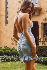 Mantra Halterneck Ruched Bodycon Mini Dress Steel Blue