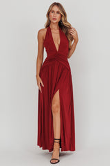 Italia Azure Gathered Waist Maxi Dress Wine