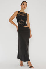 Lorely Ruched Lace Bodice Maxi Dress Black