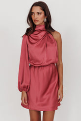 Can't Compete One Sleeve Satin Mini Dress Dusty Pink