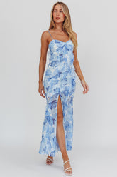 Frannie Vertical Ruffle Maxi Dress Floral Blue