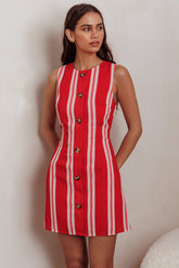 Kalena Faux Placket Mini Dress Stripe Red