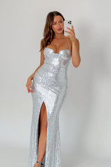 Starry Eyes Lace-Up Back Sequin Maxi Dress Silver