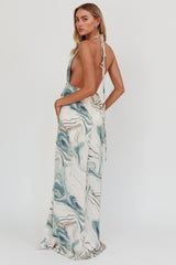 Snooze Marble Print Backless Maxi Dress Teal