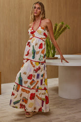 Asiah Gathered Bust Halterneck Maxi Dress Print White
