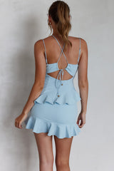 Moment Of Truth String-Tie Ruffle Trim Mini Dress Steel Blue