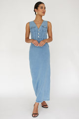 Jazelle Sleeveless Button Front Maxi Dress Denim