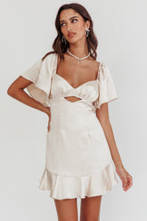 Eyes On You Pleated Bust Angel Sleeve Ruffle Hem Dress Champagne