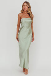 Kona Strapless Pleated Bust Satin Maxi Dress Sage