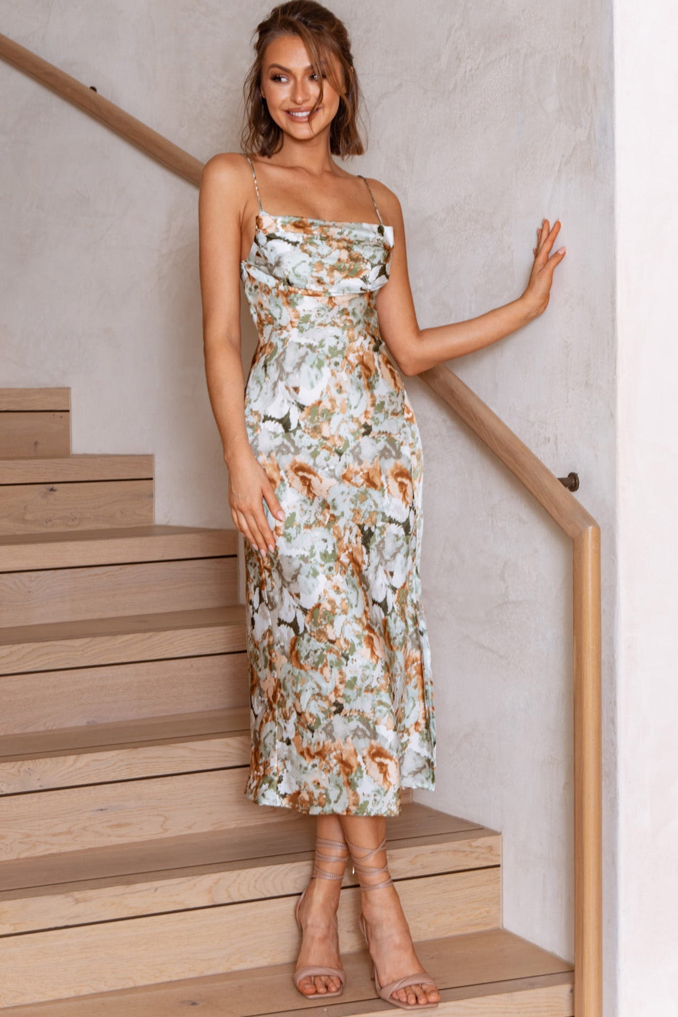 Well Versed Pleated Bust Front Split Dress Floral Abstract Print Sage