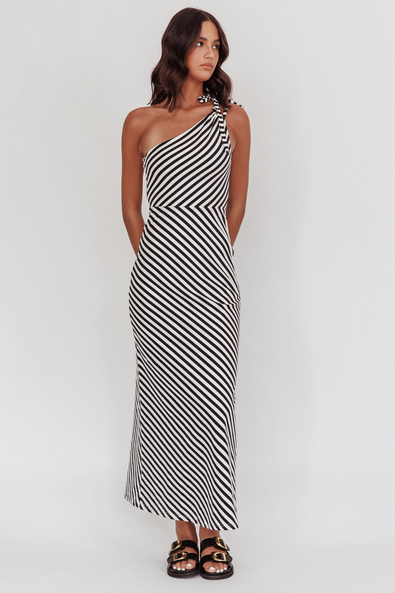 Ocean Road Tied One-Shoulder Maxi Dress Stripe Black