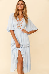 Feeling Groovy Bell Sleeve Crochet Trim Maxi Dress Ice Blue