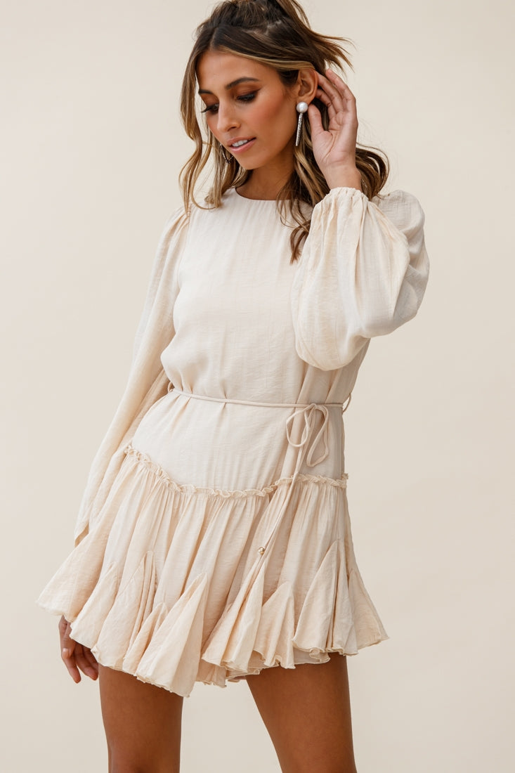 Rosabel Balloon Sleeve Fluted Hem Dress Beige