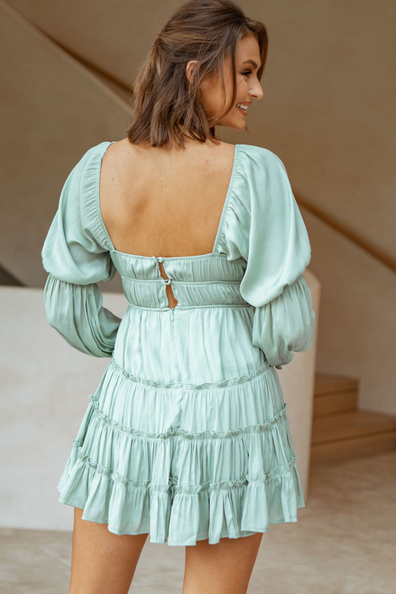 Josephina Lace-Up Front Long Sleeve Mini Dress Avocado