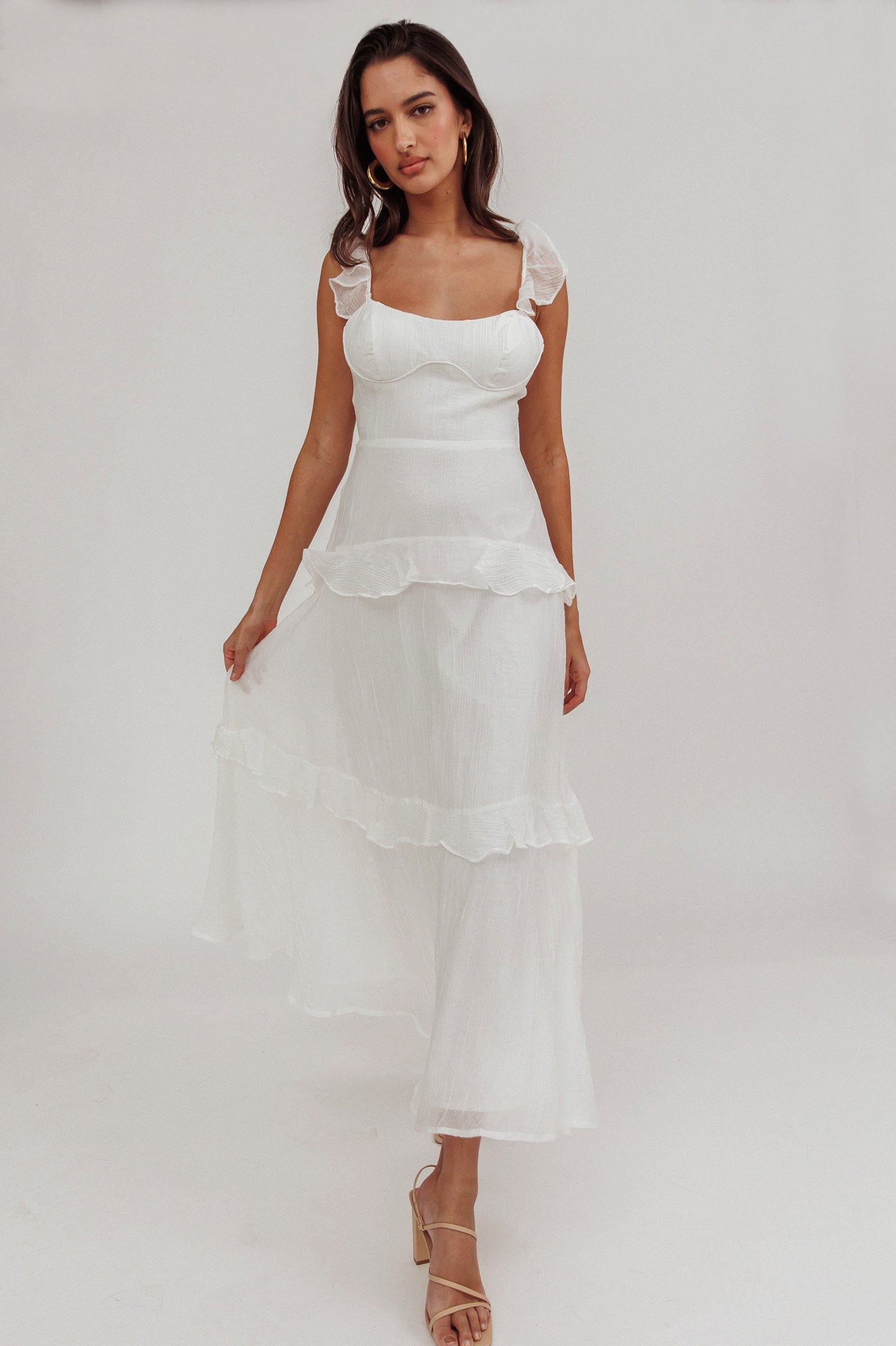 Moonlit Moment Ruffle Trim Lace-Up Back Maxi Dress White