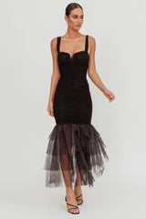 Nadia Tulle Hem Ruched Maxi Dress Black
