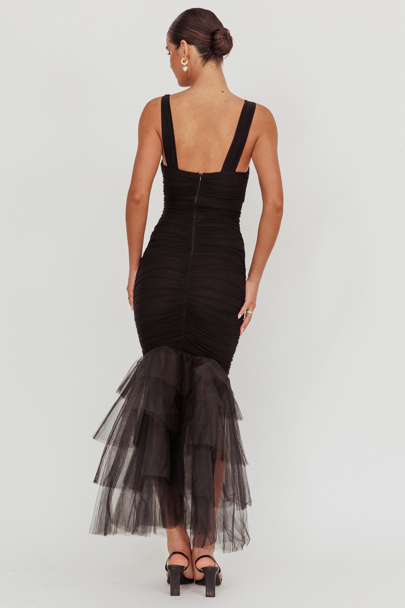 Nadia Tulle Hem Ruched Maxi Dress Black