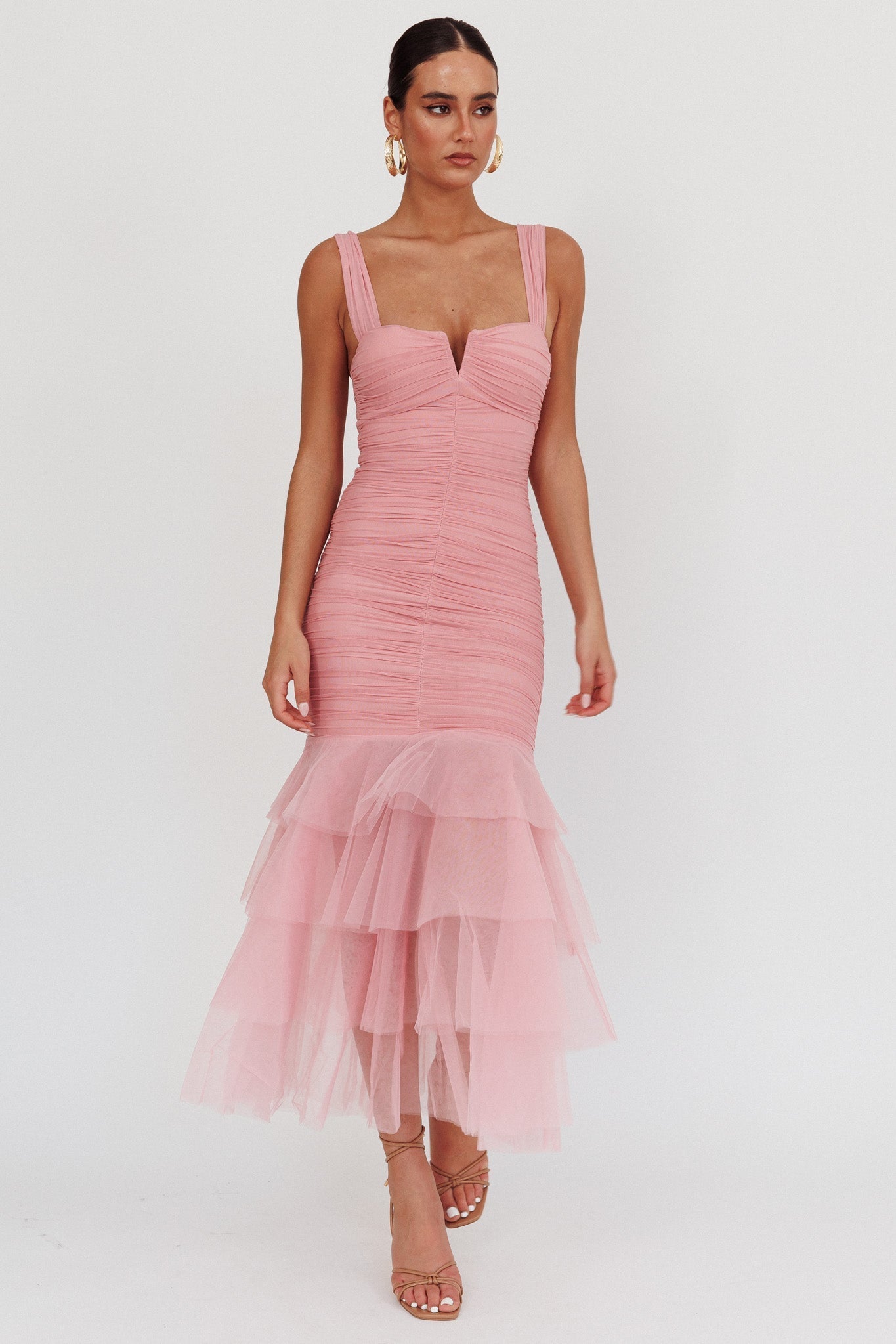 Nadia Tulle Hem Ruched Maxi Dress Pink