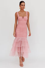 Nadia Tulle Hem Ruched Maxi Dress Pink
