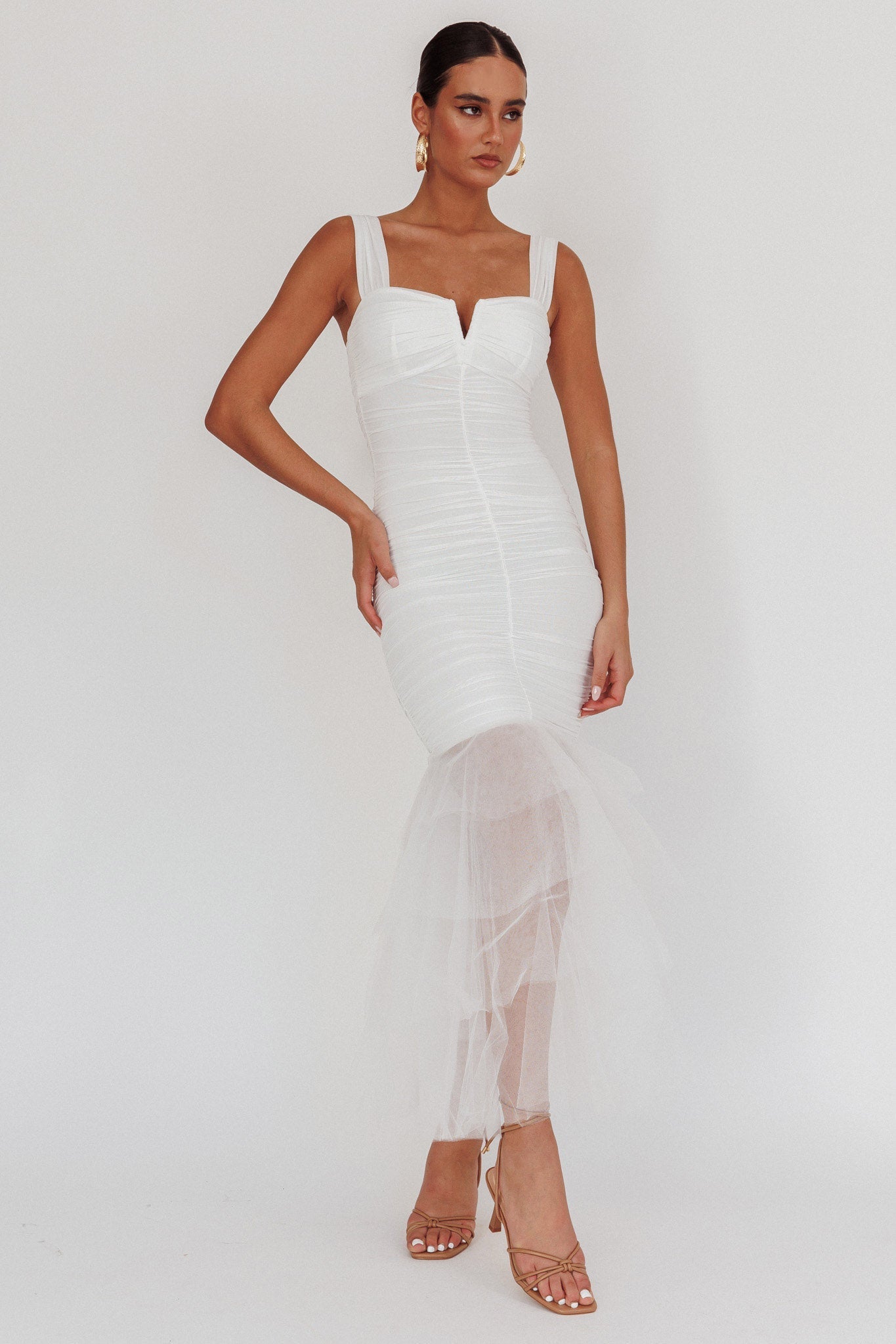 Nadia Tulle Hem Ruched Maxi Dress White
