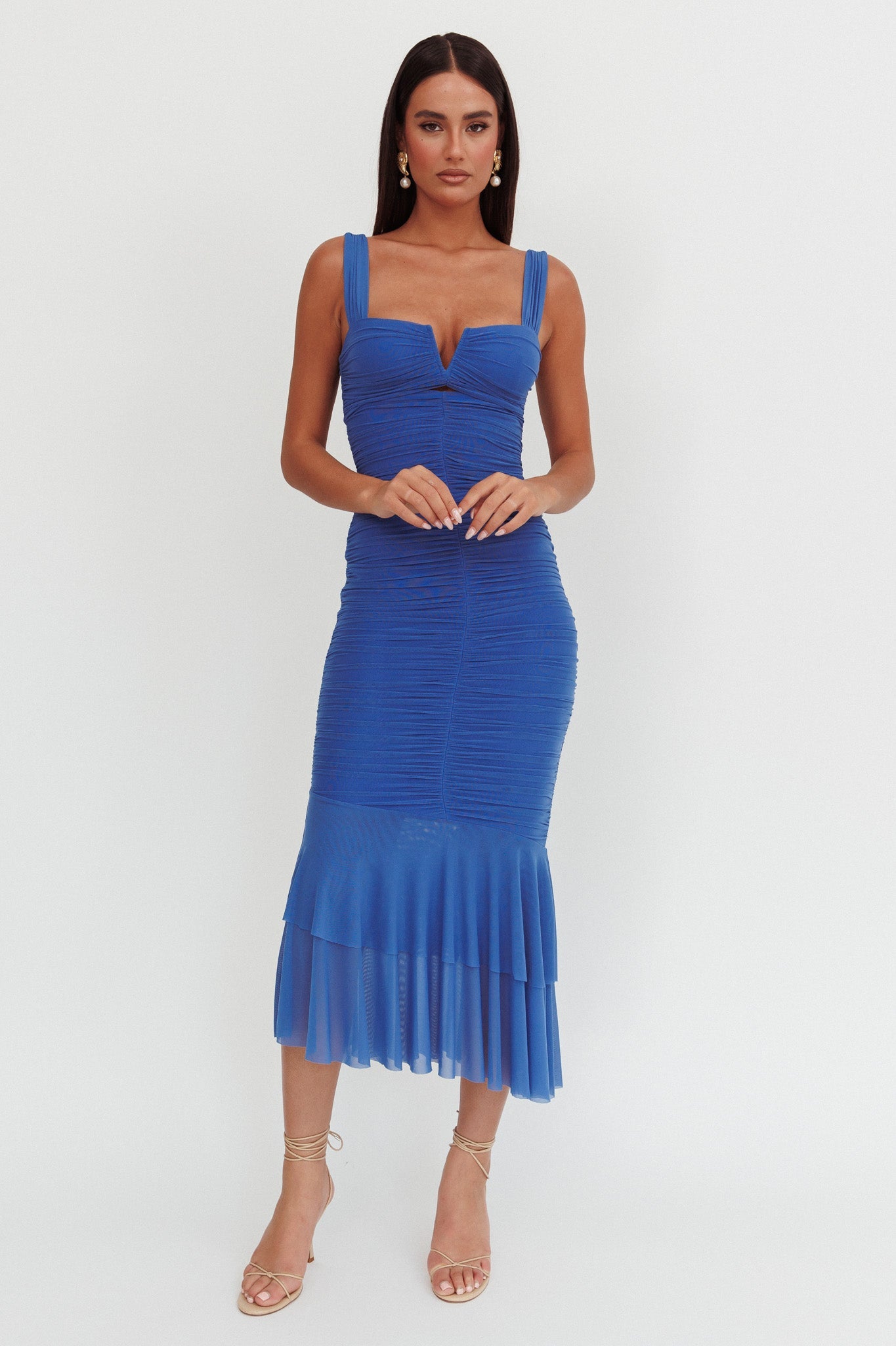 Nadia Ruched Fishtail Maxi Dress Blue