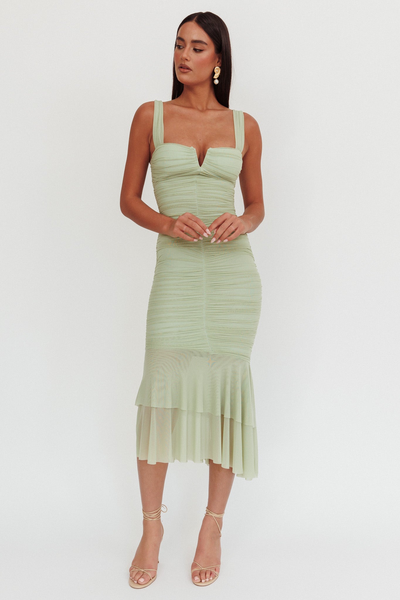 Nadia Ruched Fishtail Maxi Dress Pistachio