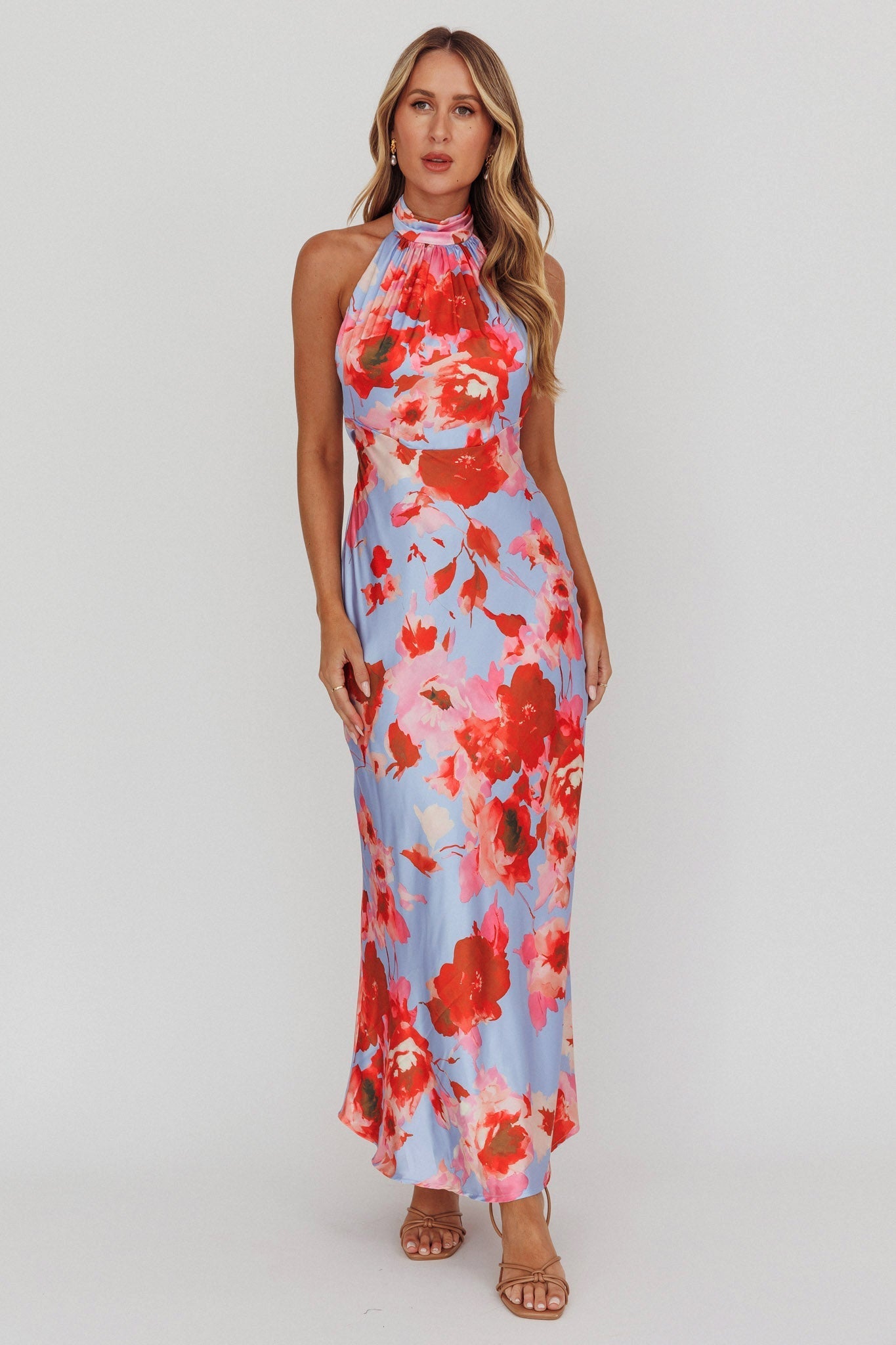 Shana Halterneck Maxi Dress Roses Blue