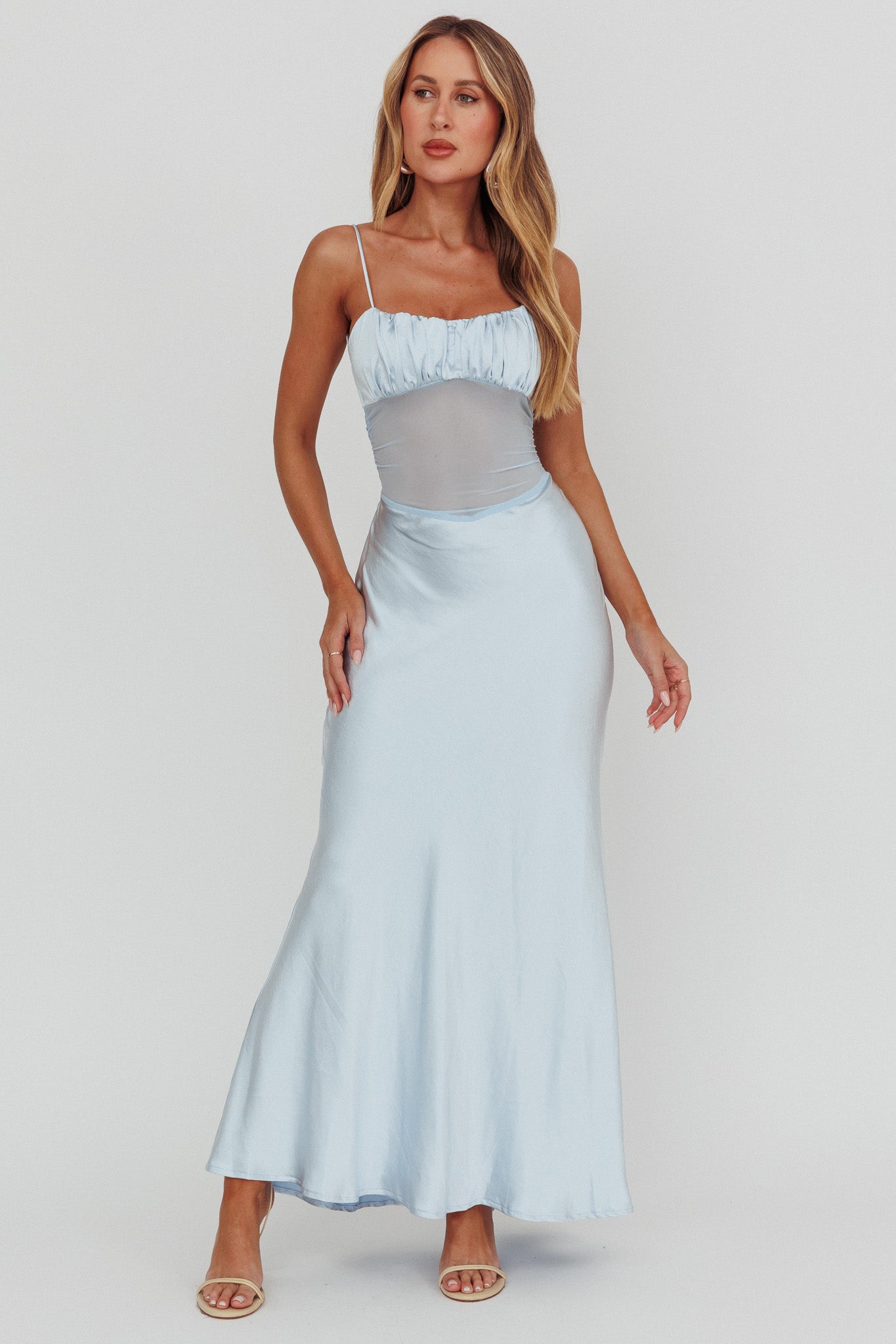 Nerida Sheer Waist Back Twist Maxi Dress Blue