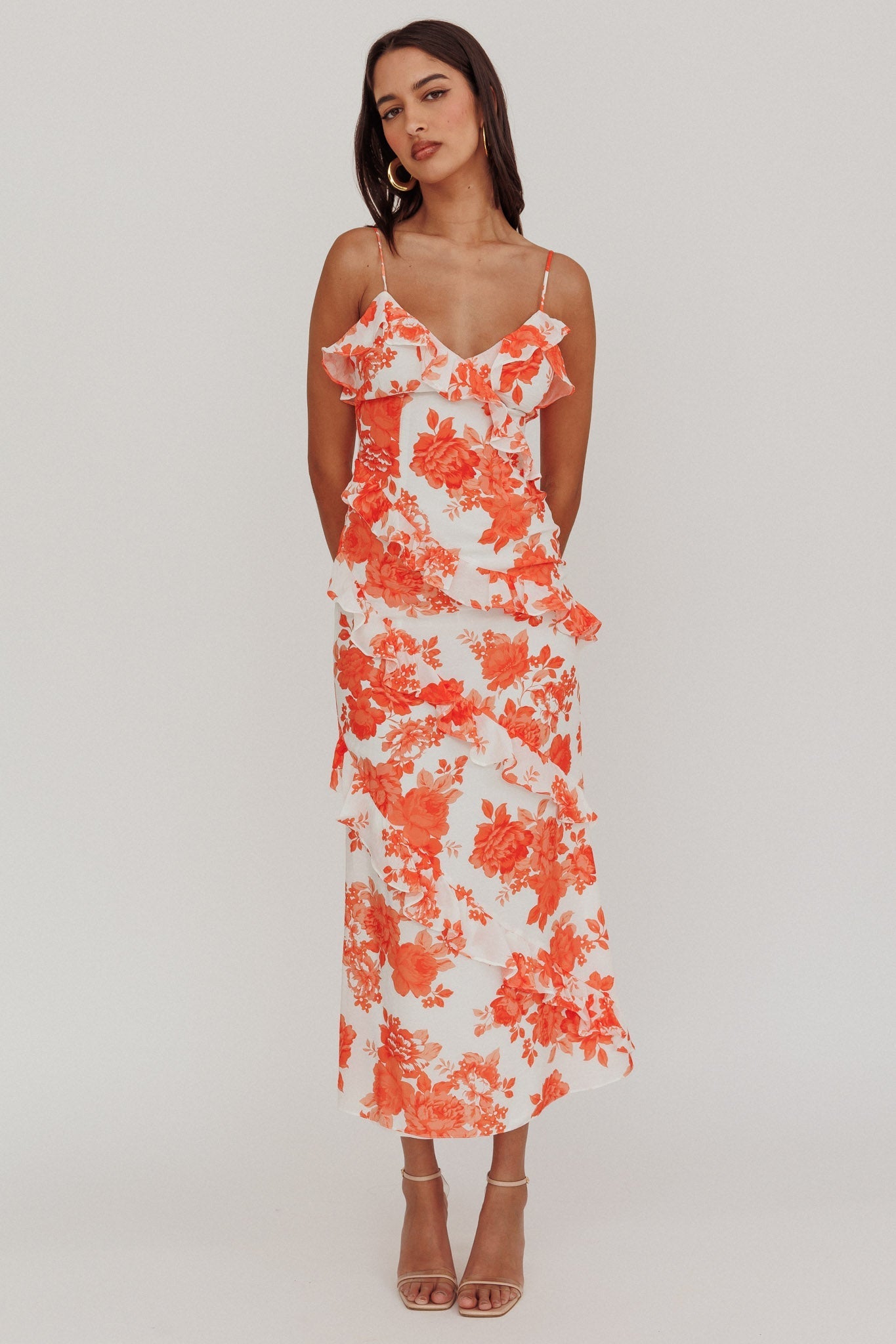 Silvana Frill Trim Maxi Dress Floral Orange
