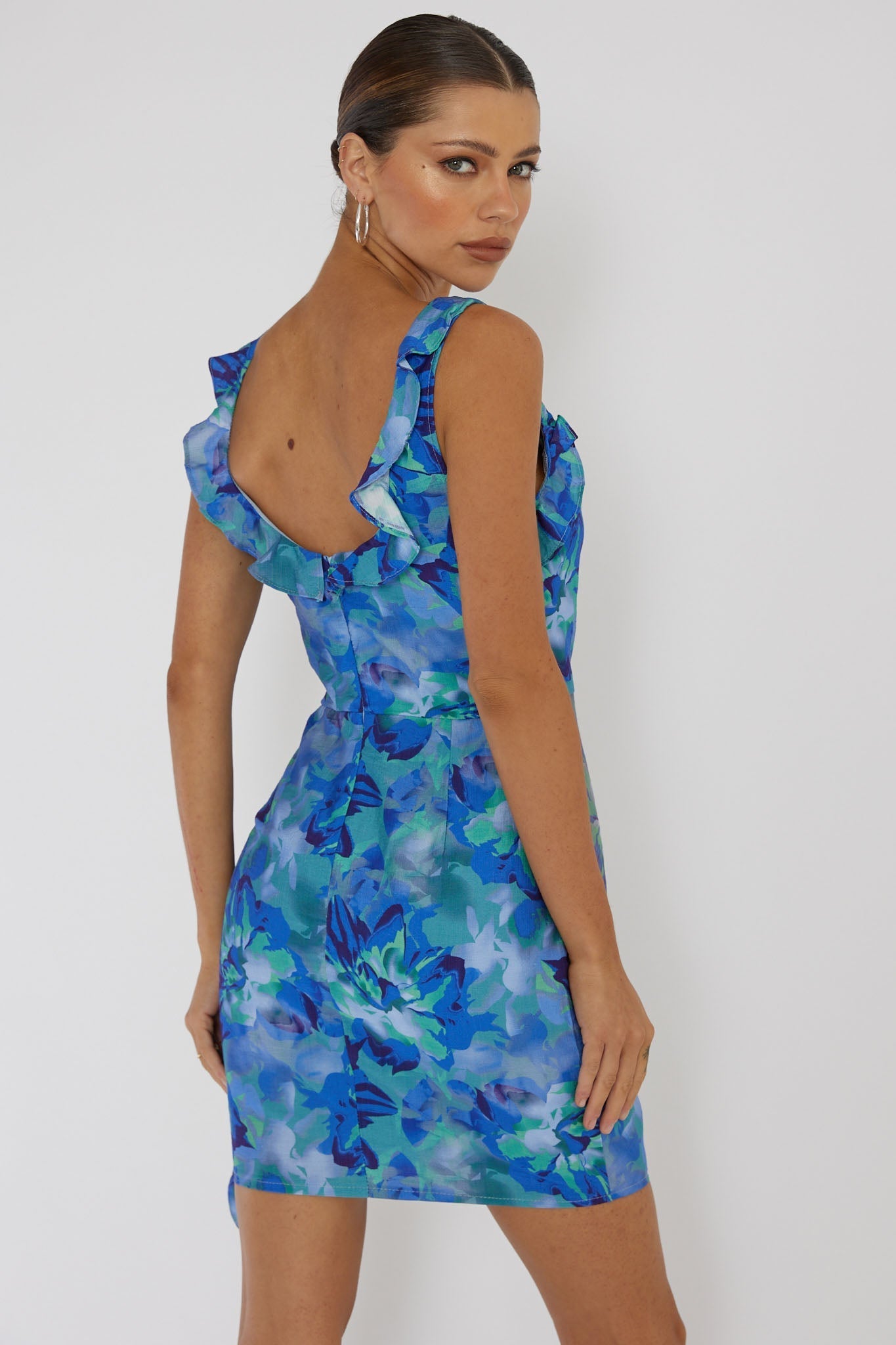 Heart Beat Ruffle Trim Mini Dress Blue