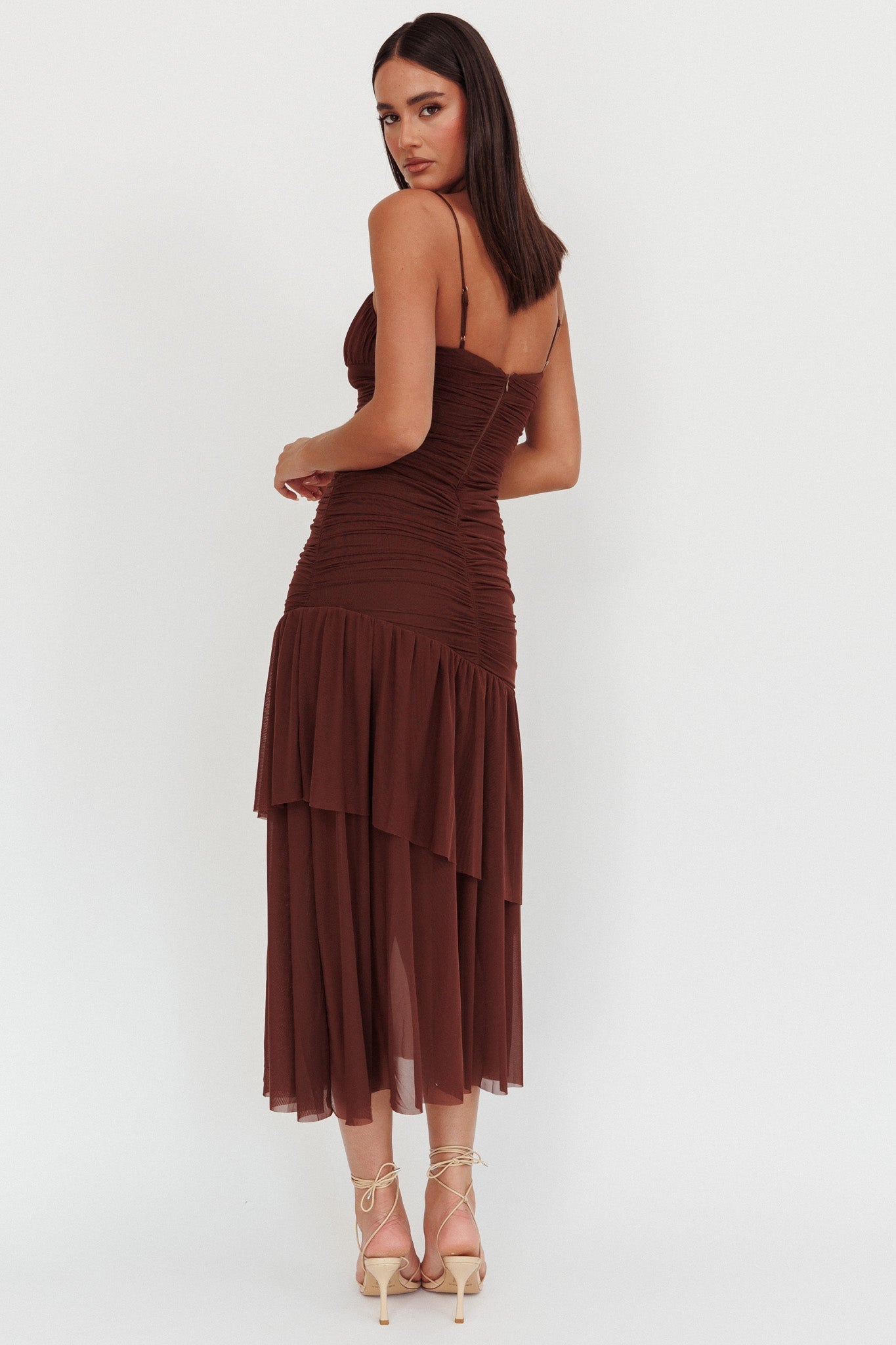 Kailua Ruched Tiered Hem Maxi Dress Chocolate