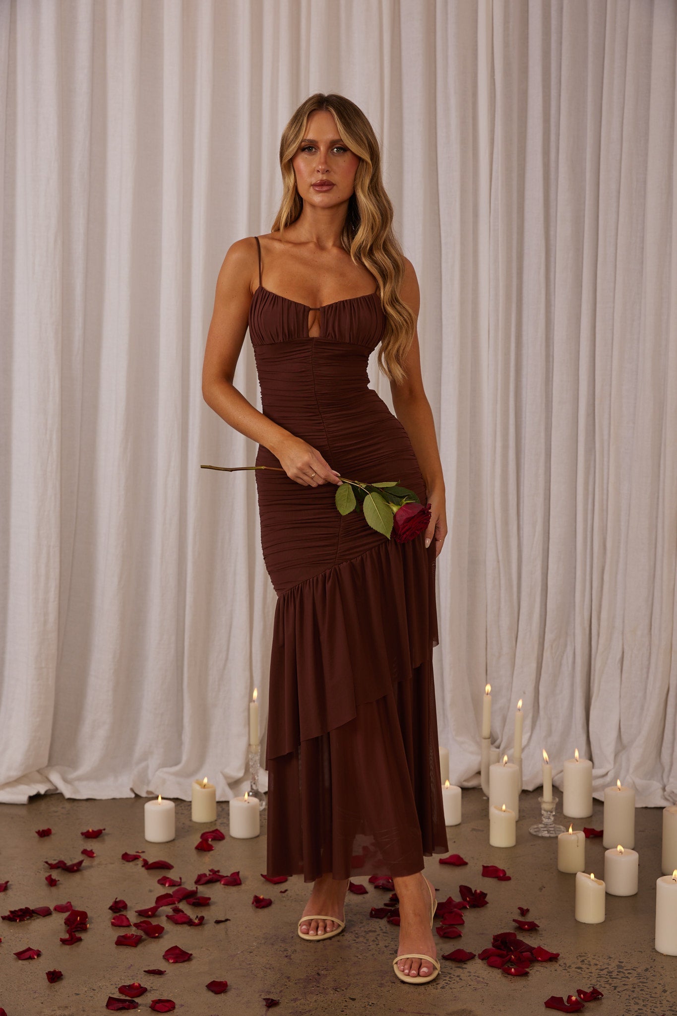 Kailua Ruched Tiered Hem Maxi Dress Chocolate