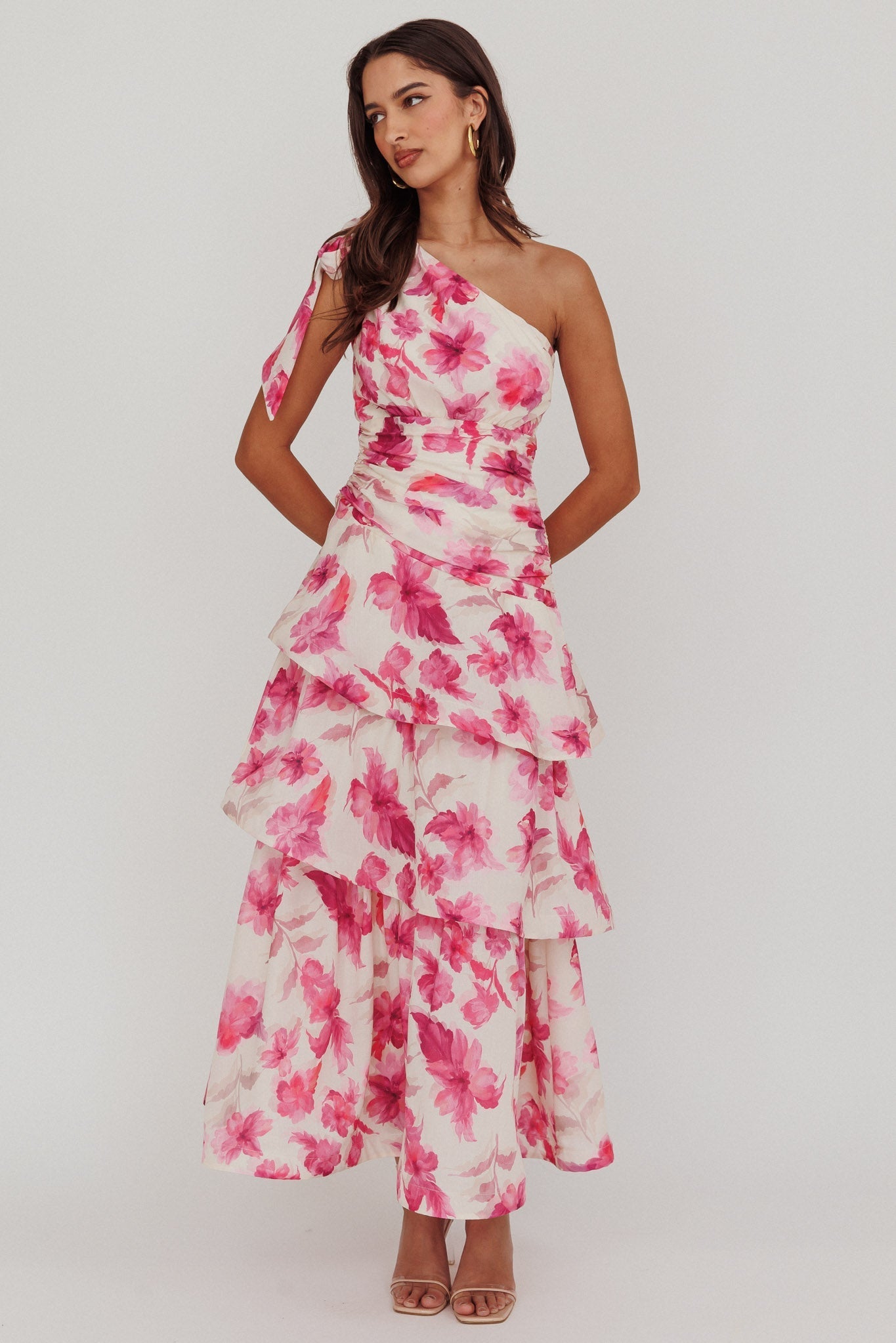 Kenny One Shoulder Tiered Floral Maxi Dress Pink
