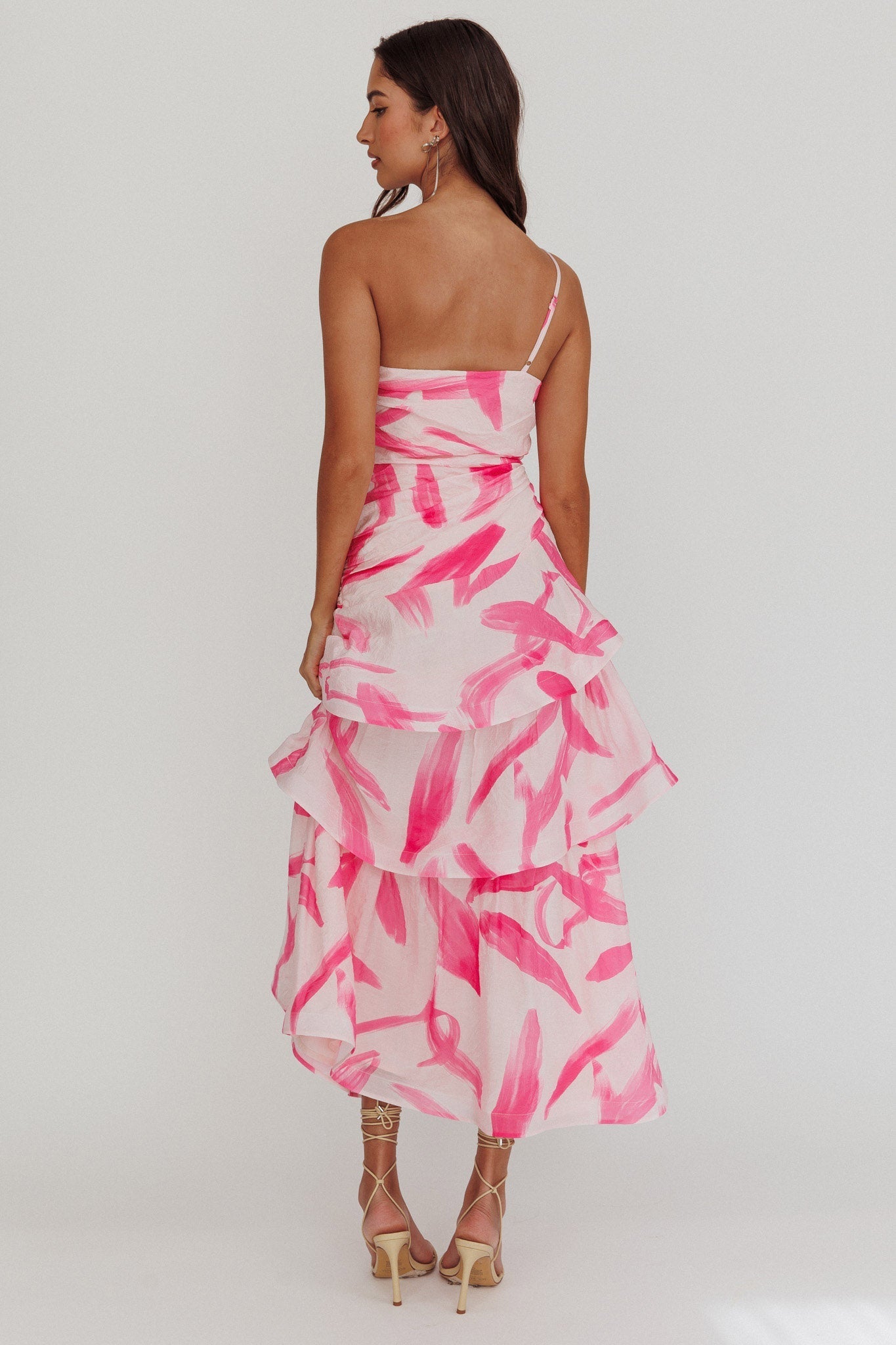 Kenny One Shoulder Tiered Maxi Dress Print Pink