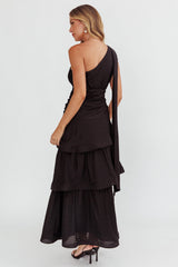 Kenny One Shoulder Tiered Maxi Dress Solid Black