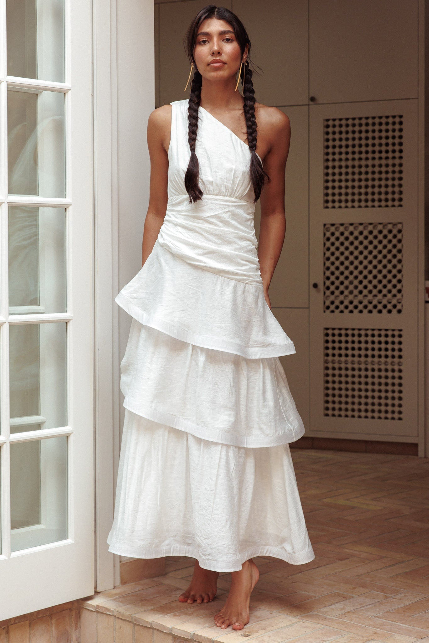 Kenny One Shoulder Tiered Maxi Dress White