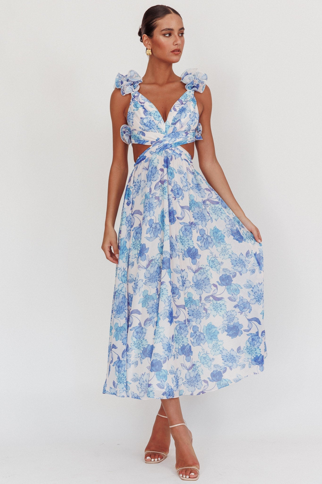Madara Lace-Up Back Maxi Dress Floral Blue