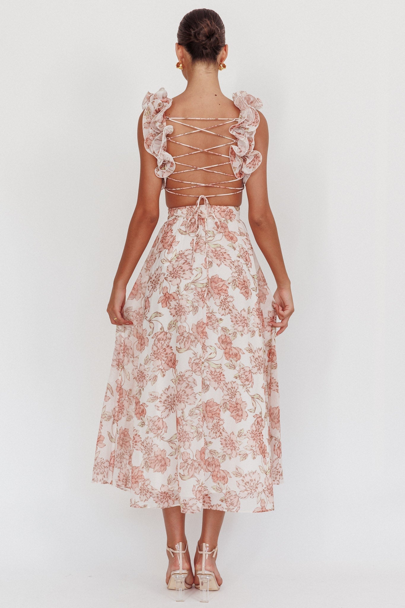 Madara Lace-Up Back Maxi Dress Floral Peach