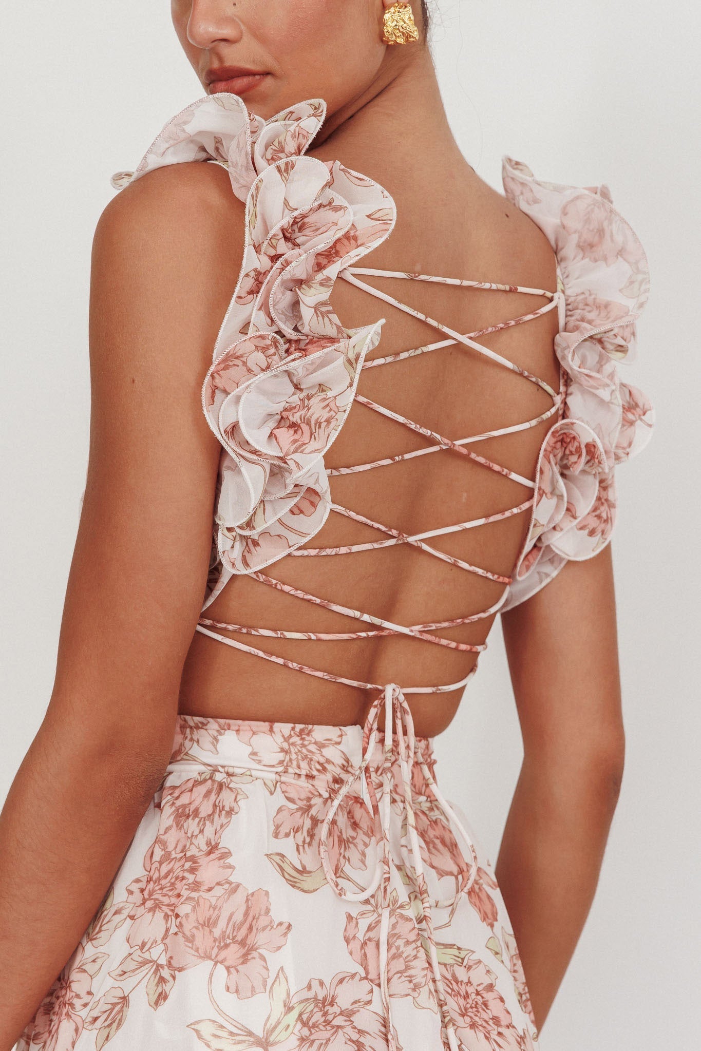 Madara Lace-Up Back Maxi Dress Floral Peach